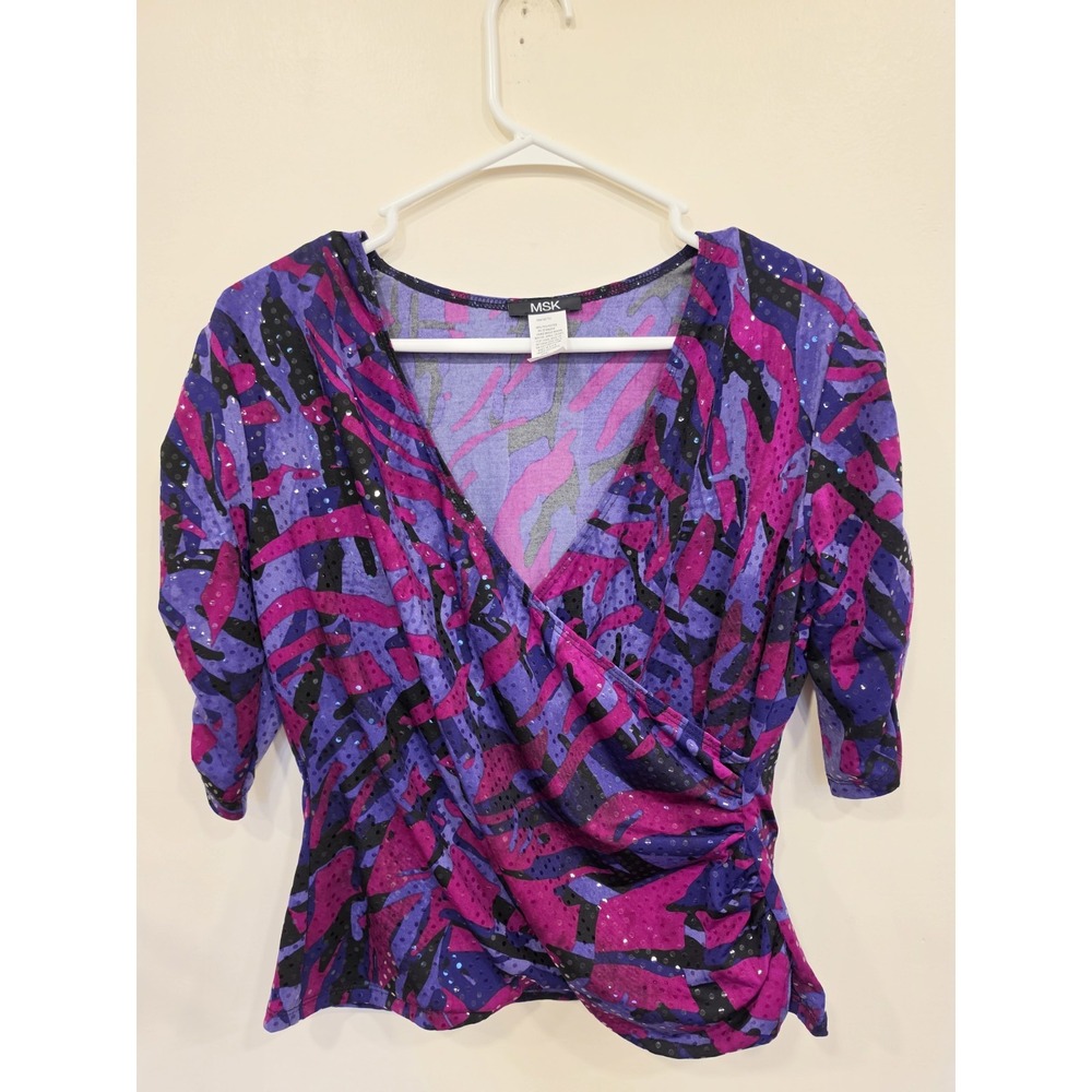 MSK Womens L Y2K Purple Magenta Sequin Abstract Print Faux Wrap Blouse Top